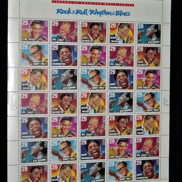 Mint 29c Stamp Sheet, Rock & Roll/ Rhythm  Blues, Scott Catalog #2724-30, 35 Stamps