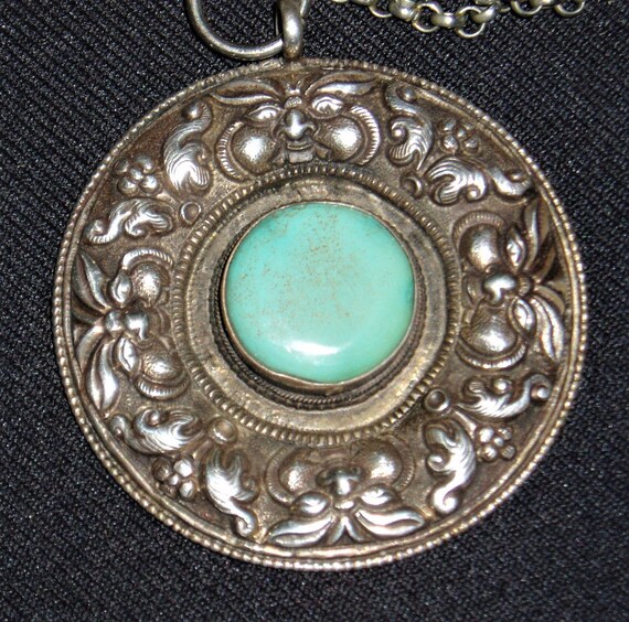 Sterling & Turquoise Pendant, God Faces and Floral