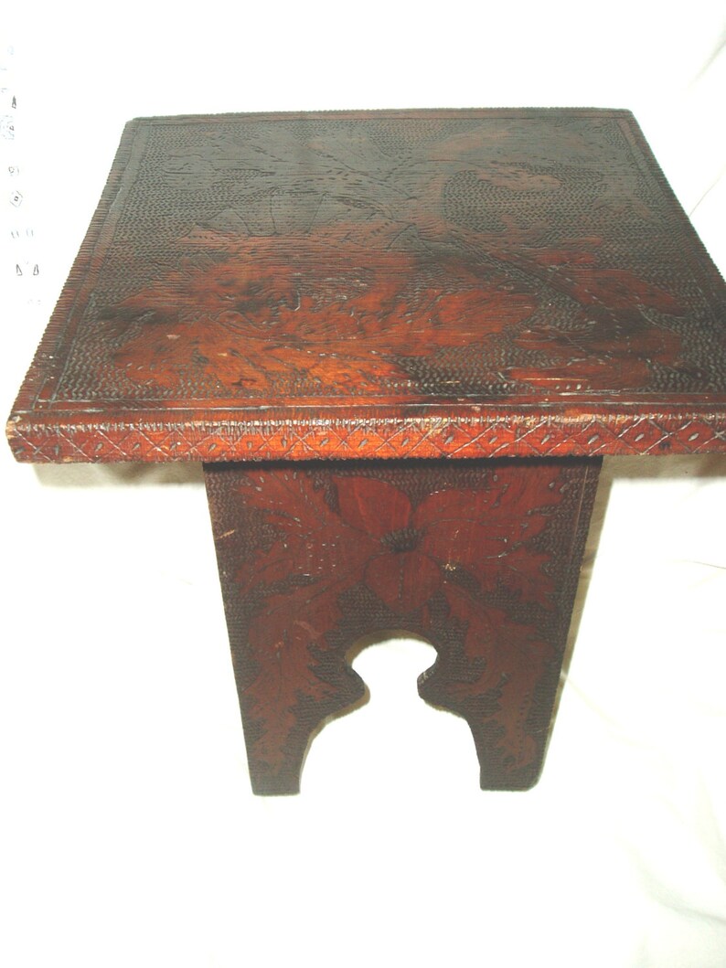Antique Pyrography Side Table Plant Stand | Etsy
