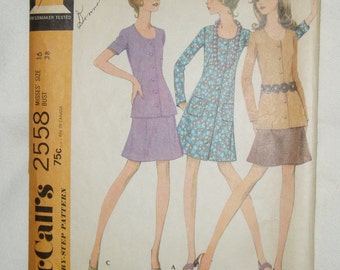 Vintage McCall's Pattern, Misses' One or Two-Piece Dress, 2558 Size 16
