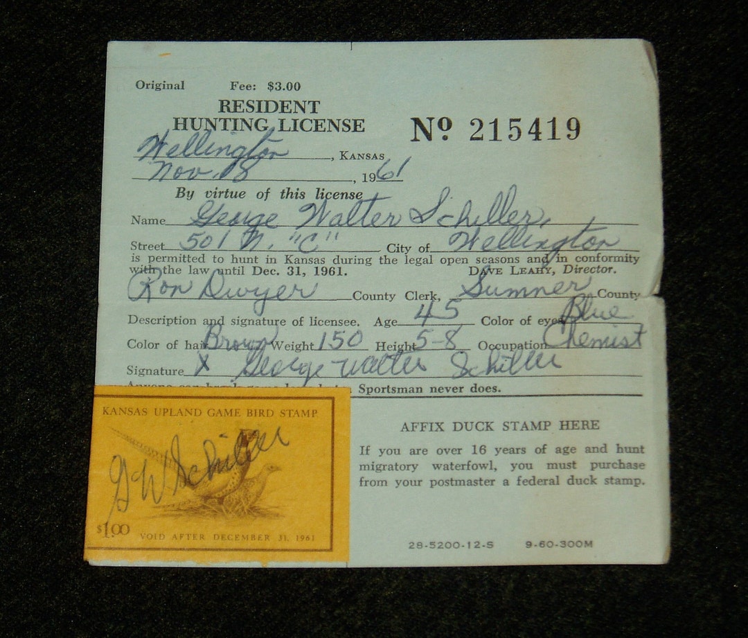 Kansas Hunting License, 1961, With Kansas Upland Game Bird Stamp Attached Etsy