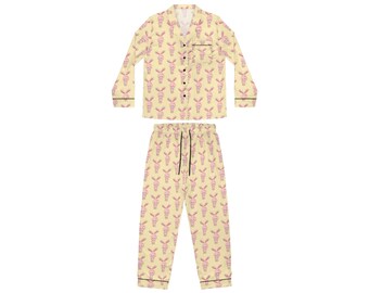 Ladies Pink Stitched Bunny - PJs - Sleepwear - Women's Satin Pajamas (Cream BG)