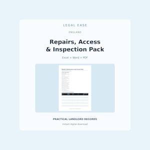 Può includere: Un set di documenti digitali intitolato Legal Ease England Repairs, Access & Inspection Pack, che include formati Excel, Word e PDF. Il documento presenta un rapporto di riparazione per l'inquilino e un registro di controllo per le risposte.