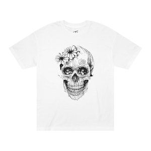 Unisex klassiek T-shirt met schedelbloemen, schedel T-shirt, alternatieve kleding, Day of the Dead, casual mode, uniek grafisch T-shirt