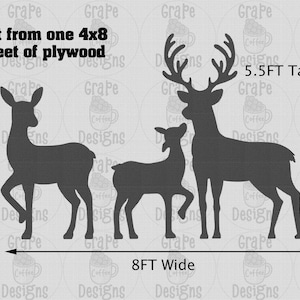 May include: Black silhouette cutouts of a deer family, including a buck with large antlers, a doe, and a fawn. The buck is 5.5 feet tall, and the entire family is 8 feet wide. Text reads: "Cut from one 4x8 sheet of plywood."