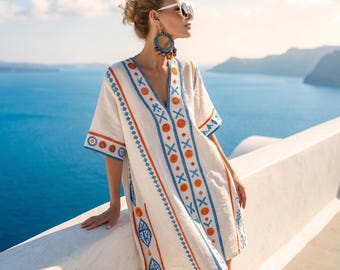 Kaftán bohemio de verano, vestido túnica holgado con escote en V, ideal para la playa. Conjunto de vacaciones en islas griegas. Maxi bohemio de corte holgado.