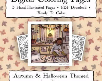 Puede incluir: Páginas para colorear digitales con tres ilustraciones a mano en descarga PDF. La imagen central muestra a una persona horneando en una cocina con decoración otoñal. El texto incluye Digital Coloring Pages, 3 Hand-Illustrated Pages, PDF Download, Ready To Color, Autumn & Halloween Themed y color me krazy.