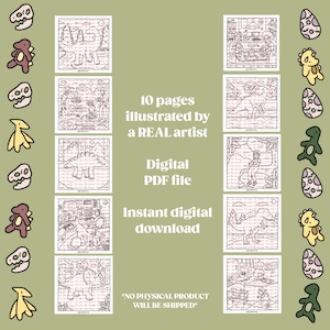 Puede incluir: Un archivo PDF digital con diez p&aacute;ginas de ilustraciones de dinosaurios de un artista real. Las im&aacute;genes en blanco y negro son perfectas para colorear. El texto dice "Descarga digital instant&aacute;nea" y "No se enviar&aacute; ning&uacute;n producto f&iacute;sico."