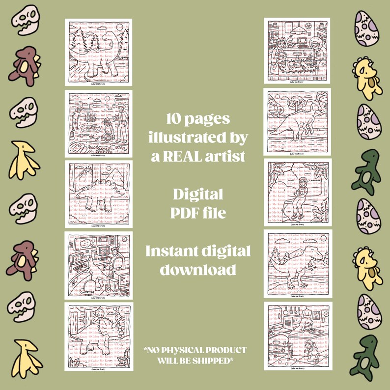 Puede incluir: Un archivo PDF digital con diez p&aacute;ginas de ilustraciones de dinosaurios de un artista real. Las im&aacute;genes en blanco y negro son perfectas para colorear. El texto dice "Descarga digital instant&aacute;nea" y "No se enviar&aacute; ning&uacute;n producto f&iacute;sico."