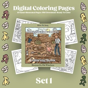 May include: Digital colouring pages set with a "Jurassic Adventure" theme. The cover art shows children excavating fossils. The set includes 10 hand-illustrated pages ready to colour, with dinosaur and egg illustrations. The text reads "Color Me Crazy".