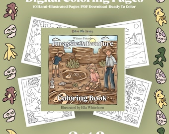 Puede incluir: Juego de páginas para colorear digitales con el tema "Jurassic Adventure". La portada muestra a niños explorando un sitio de excavación de dinosaurios. El juego incluye 10 páginas ilustradas a mano listas para colorear, disponibles como descarga en PDF. El texto incluye "Color Me Crazy".