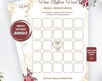 Bingo imprimible con temática de vino para despedida de soltera, actividad para la fiesta "Vino antes de los votos", juego para despedida de soltera color borgoña, descarga instantánea en PDF