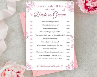 Juego de despedida de soltera "Fresh Off The Market", imprimible de novios, juego "Quién lo dijo", despedida de soltera con flores rosas, juegos de mesa para bodas