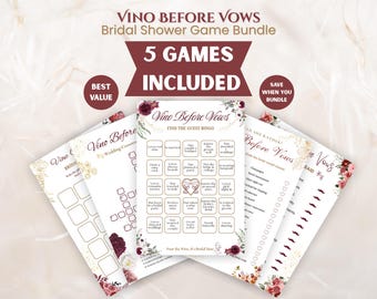 Paquete de juegos para despedida de soltera "Vino Before Vows", imprimible con temática de vino, set de 5 juegos, fiesta de boda en Borgoña, descarga instantánea