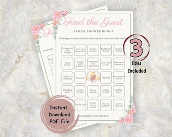Bingo para encontrar a tus invitados en la despedida de soltera, juego floral para despedida de soltera, juegos de mesa para bodas, bingo imprimible, bingo para bodas, descarga instantánea