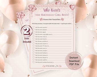 Juego imprimible quién conoce mejor a la cumpleañera, juegos de pijamas para adolescentes, ¿qué tan bien conoces a la cumpleañera?, actividad para pijamadas.