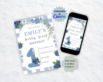 Invitación de primer cumpleaños de Berry, invitación de cumpleaños de arándanos, primer cumpleaños de Berry, dulce cumpleaños, tarjeta de invitación de primer cumpleaños de Berry con arándanos