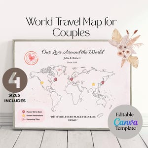 Couples World Travel Map Template, World Travel Map, Travel Tracker Map, Travel Map With Pins, Anniversary Gift, World Map Wall Art