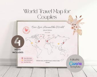 Couples World Travel Map Template, World Travel Map, Travel Tracker Map, Travel Map With Pins, Anniversary Gift, World Map Wall Art