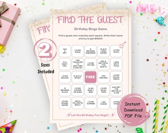 Juego de bingo para cumpleaños imprimible "Encuentra al invitado" / Juego de fiesta de cumpleaños para adolescentes / Encuentra a alguien con quien jugar al bingo / Conócete / Descarga instantánea