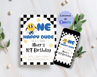 Invitación de "Un tipo feliz", invitación de cumpleaños de "Un tipo feliz", tarjeta de invitación de "Un tipo feliz", dulce cumpleaños, fiesta azul de "Un tipo feliz"
