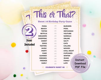 Juego de "Esto o aquello" para los 16, juego de cumpleaños para adolescentes, regalo para el 16, juego de cumpleaños morado y dorado, juegos para pijamadas, "Dulces dieciséis"