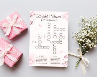 Crucigrama de boda, rompecabezas imprimible de boda, juegos de despedida de soltera, trivia de novia con flores rosas, artículos imprescindibles para la boda, descarga instantánea