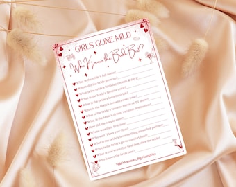 Juego de despedida de soltera "Girls Gone Mild", imprimible "Quién conoce mejor a la novia", "¿Cuánto conoces a la novia?", juego de despedida de soltera, futura novia