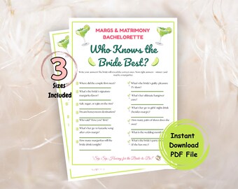 Juego imprimible de despedida de soltera Margs and Matrimony, juego de fiesta Margs and Matrimony, juego de trivia "Quién conoce mejor a la novia", bikinis y martinis
