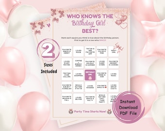 Bingo de "Quién conoce mejor a la cumpleañera", juego de bingo de cumpleaños imprimible, juegos de pijamas para adolescentes, ¿Cuánto conoces a la cumpleañera?