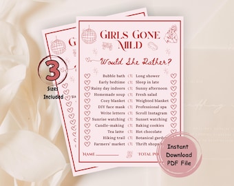 Juego de despedida de soltera "Girls Gone Mild", juego de despedida de soltera "¿Qué preferiría?", juego de pijamas, despedida de soltera en campamento, bikinis y martinis