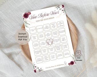 Bingo imprimible para encontrar invitados "Vino antes de los votos", bingo para despedida de soltera, actividad para fiesta de bodas en Borgoña, despedida de soltera con temática de vino y flores
