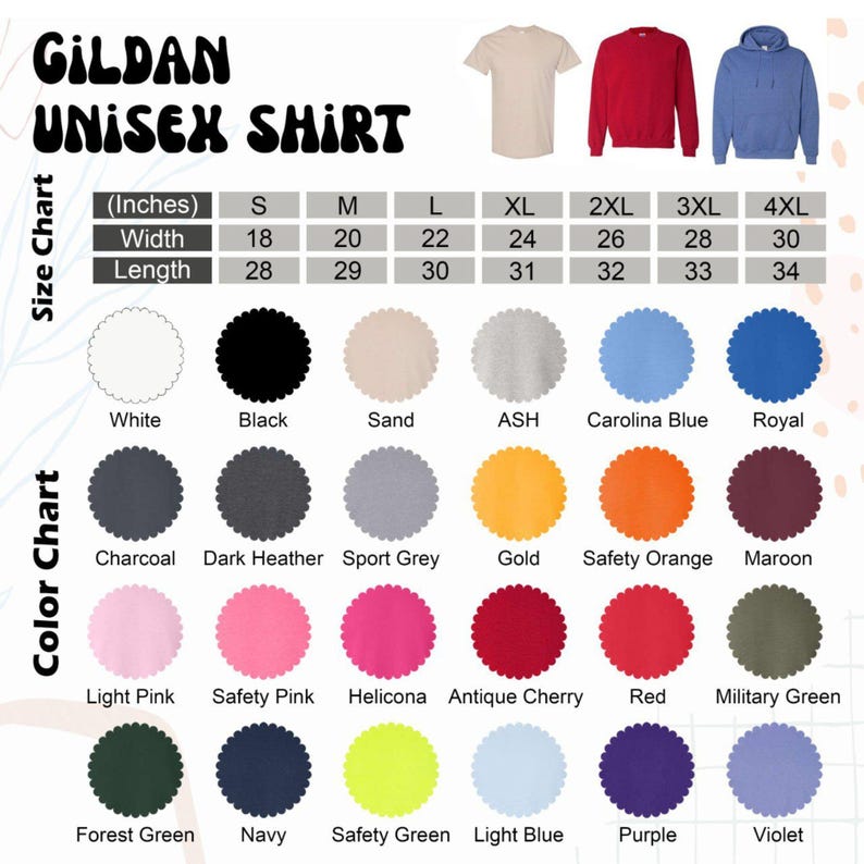 Puede incluir: Imagen de una tabla de tallas y colores de camisetas unisex Gildan. La tabla incluye colores de camisetas como blanco, negro, arena y ceniza. Las tallas van de la S a la 4XL, con medidas de ancho de 45,7 a 76,2 cm y de largo de 71,1 a 86,4 cm.