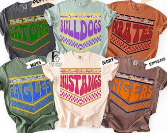 Camiseta de mascota retro personalizada con cuadros, camiseta con gráfico de espíritu escolar, uniforme de equipo a juego, camiseta clásica para el día del partido, ropa deportiva de moda para fanáticos.