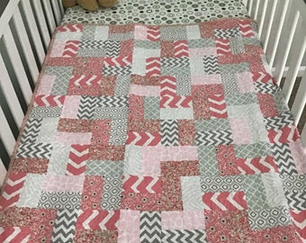 Pink, white, gray patchwork baby girl, crib, lap quilt