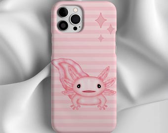 Peut inclure: Coque de téléphone rose avec un motif d'axolotl de dessin animé. L'étui a un fond rayé et des étoiles. L'axolotl est rose clair avec des branchies détaillées et une expression souriante.