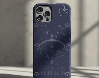May include: A navy blue phone case featuring a Sagittarius design. The case has a detailed illustration of a bow and arrow, stars, and the word "SAGITTARIUS". The design is in a lighter shade of blue, with a constellation at the top.