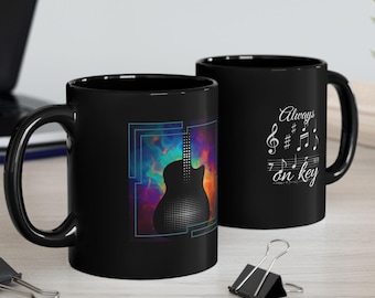 Black Guitar Mug  Always On Key Coffee Cup Music Lover Gift Guitarist Mug  Music Teacher Gift Musician Coffee Mug Black Ceramic Mug