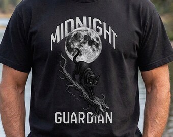 Midnight Guardian Black Cat Shirt, Witch Aesthetic Tshirt, Mystical Moon Cat , Gothic Cat Lover Gift, Dark Academia Animal Shirt