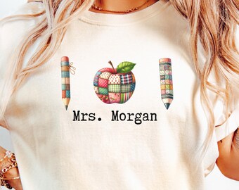 Personalized Teacher Shirt, Custom Teacher Name Tee, Patchwork Apple Shirt, Back To School Gift, Elementary Teacher Apparel Tee