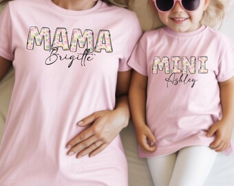 Mama Mini Matching Shirts Personalized Mom Daughter Shirt Custom Name Floral Tee Family Matching Outfit Gift For Mothers Day