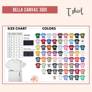 May include: A Bella Canvas 3001 t-shirt size and color chart. The image displays a table with width and length measurements in inches for sizes XS to 5XL, a visual guide for solid and heather fabric textures, and a grid of many t-shirt color options.