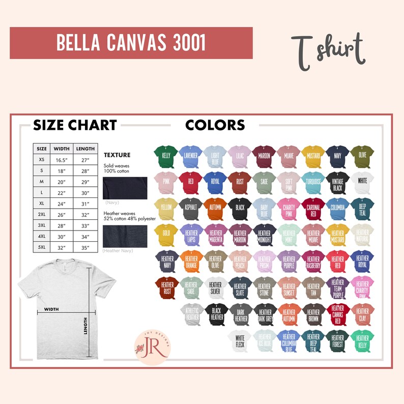 May include: A Bella Canvas 3001 t-shirt size and color chart. The image displays a table with width and length measurements in inches for sizes XS to 5XL, a visual guide for solid and heather fabric textures, and a grid of many t-shirt color options.