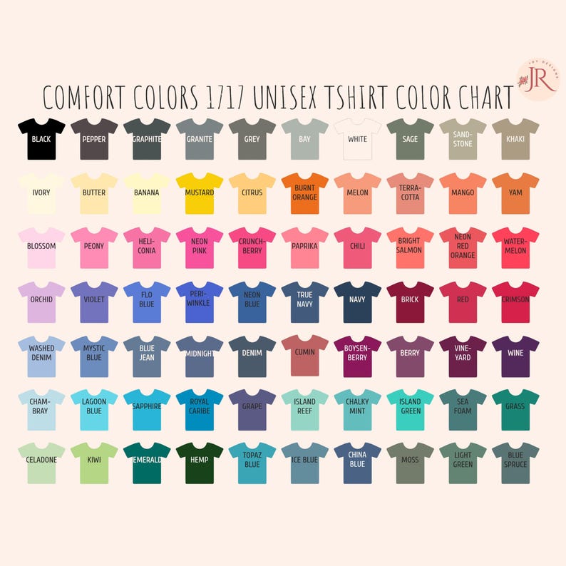 May include: A Comfort Colors 1717 unisex t-shirt color chart featuring rows of small t-shirt icons in various shades, including black, white, grays, blues, greens, yellows, oranges, reds, pinks, and purples, each labeled with its specific color name.