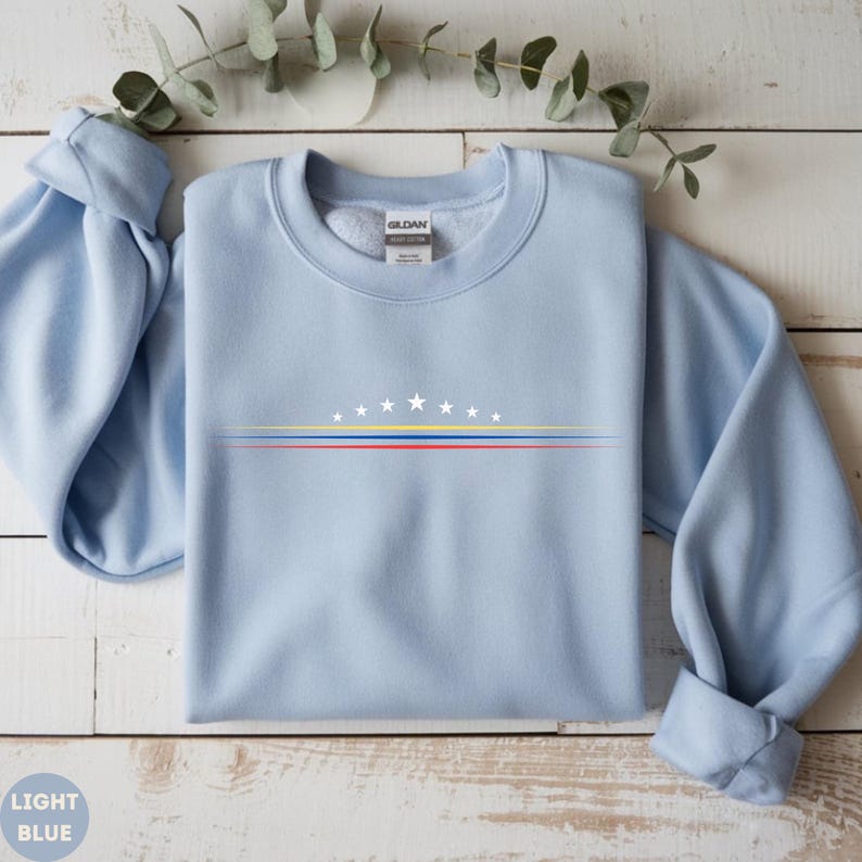 May include: A light blue crewneck sweatshirt featuring a graphic of eight white stars arranged in an arc above three horizontal lines in yellow, blue, and red. The garment has long sleeves and a Gildan brand label visible at the inner neckline.