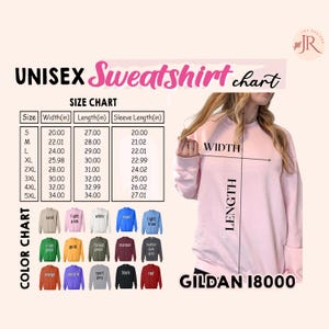 May include: A Gildan 18000 unisex sweatshirt size and color chart. The image displays a table with width, length, and sleeve length measurements in inches for sizes S to 5XL, alongside a color palette of fifteen sweatshirt options.
