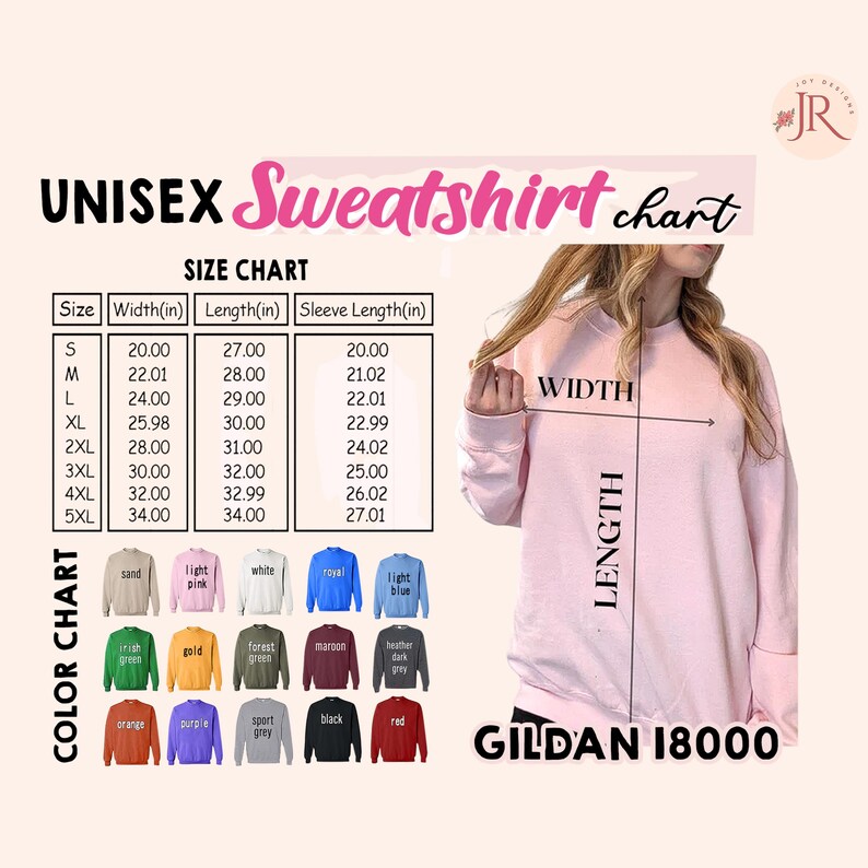 May include: A Gildan 18000 unisex sweatshirt size and color chart. The image displays a table with width, length, and sleeve length measurements in inches for sizes S to 5XL, alongside a color palette of fifteen sweatshirt options.