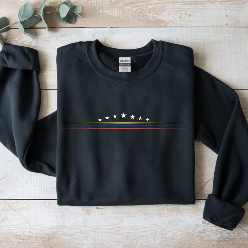 May include: A black long-sleeve crewneck sweatshirt featuring a graphic design of eight white stars arranged in an arc above three thin horizontal lines in yellow, blue, and red. The Gildan brand tag is visible at the inner neckline of the garment.