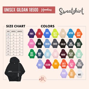 May include: A Gildan 18500 unisex hoodie size chart and color guide. The chart lists sizes S through 5XL with width and length measurements in inches. A grid displays 32 hoodie color options with labels including purple, red, royal, and white.