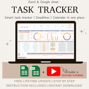 Peut inclure: Un &eacute;cran d'ordinateur portable affichant un tableur de suivi des t&acirc;ches. L'image comprend le texte "TASK TRACKER" et "Smart task tracker | Deadlines | Calendar in one place." Des ic&ocirc;nes pour Excel, Google Sheets et un tutoriel YouTube sont &eacute;galement pr&eacute;sentes.